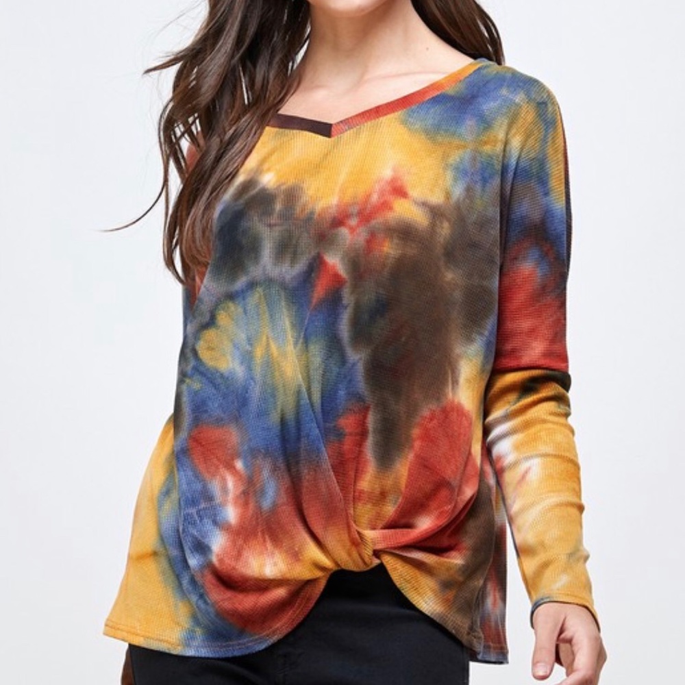 tie dye print waffle v-neck long sleeve top